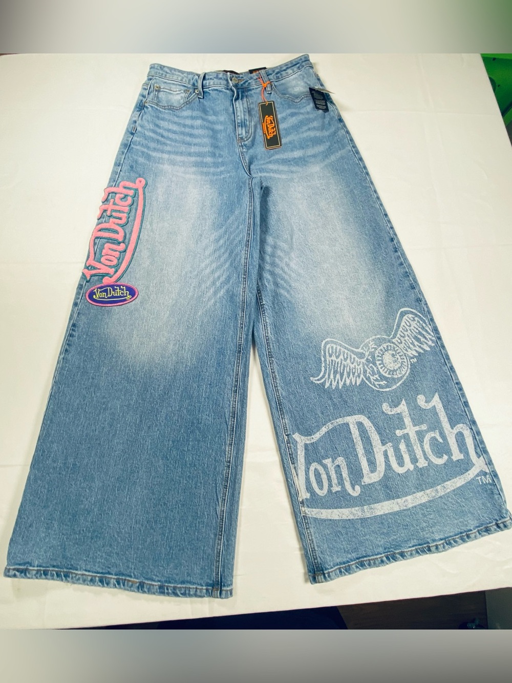 Von Dutch Womens Jeans 28 Extra Wide Leg Flare Patch Logo Embroidered Y2K NWT